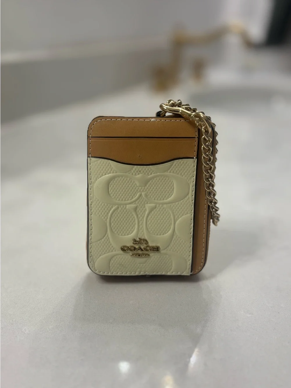 Coach Cream and Tan Signature Leather Cardholder with Charm Chain (New)